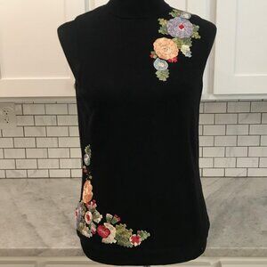 Dolce Cabo Sweater Womens XL Black Sleeveless Mock Neck Floral Ribbon Applique